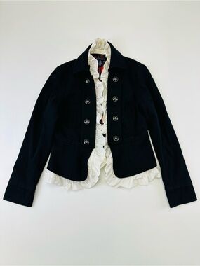 Boston Proper Black Military Blazer Jacket XS Ruffle Plaid Statement peplum